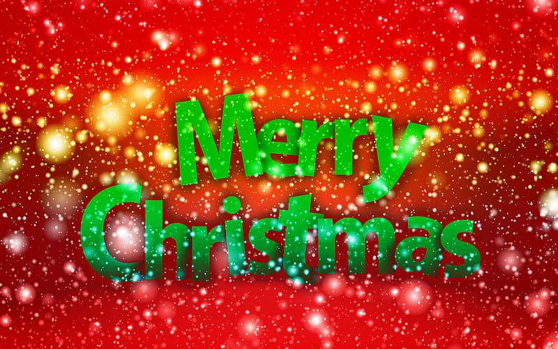 Merry Christmas, red background, green letters, congratulation, postcard, snow, winter, Christmas background, HD wallpaper