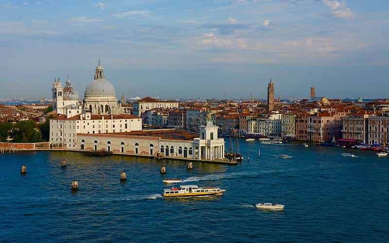 Venice, customs, Punta della Dogana, Grand Canal, evening, sunset, Venice cityscape, Italy, HD wallpaper