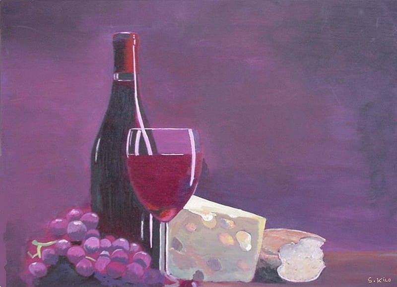 oil painting by Saad KILO, still life, food, wine, bread, Bottle, beverage, grape fruit, chease, HD wallpaper