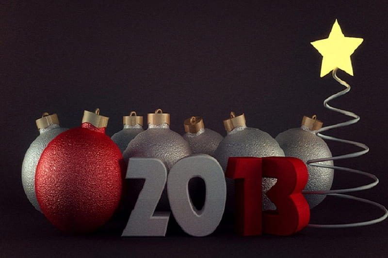 New year greetings, red, ornaments, christmas tree, gray, new year, spring, sparkle, 2013, balls, star, HD wallpaper