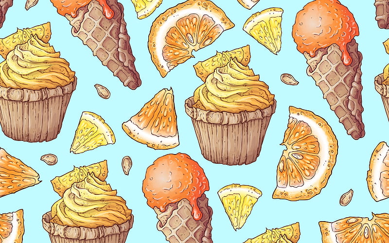 Texture, orange, ice cream, summer, slice, blue, pattern, cupcake, fruit, vara, paper, HD wallpaper