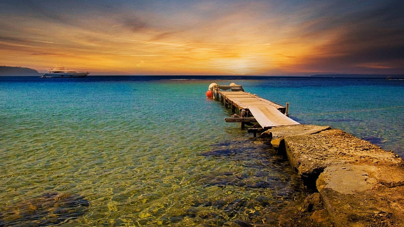 boat dock on a beautiful clear bay, dock, yacht, clear, sunset, bay, HD wallpaper