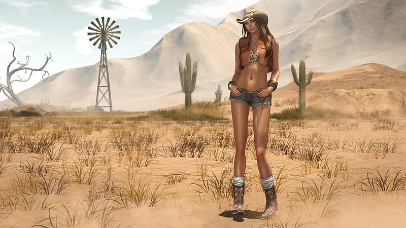 A Ranch View . ., hats, cowgirl, weather vane, boots, ranch, digital art, cactus, brunettes, style, western, HD wallpaper