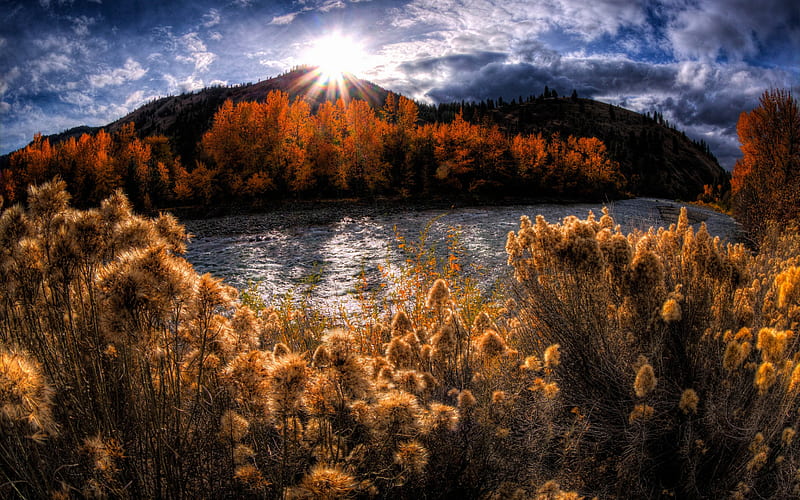 mountain river, autumn, mountain landscape, yellow trees, forest, sunset, evening, HD wallpaper