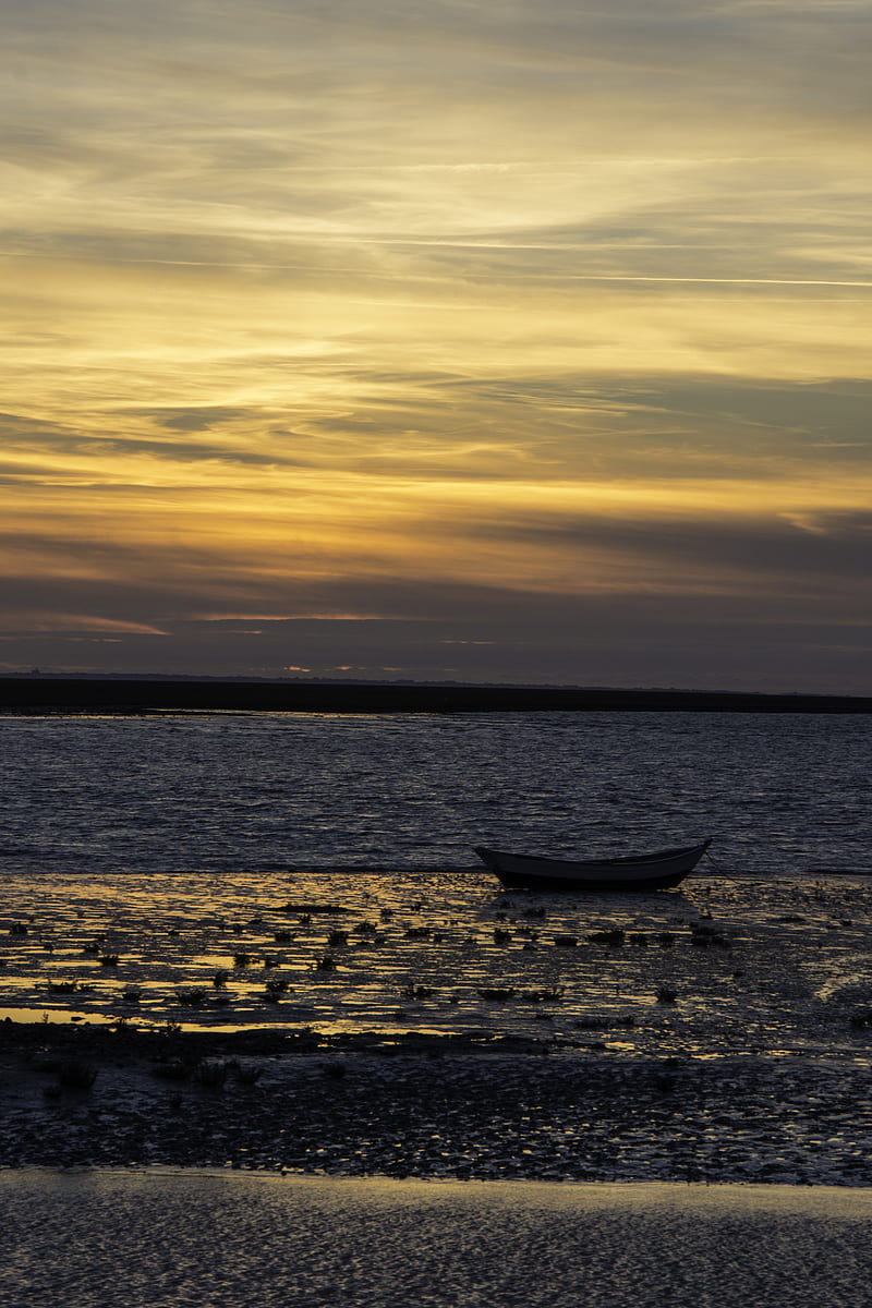boat, sunset, horizon, HD phone wallpaper