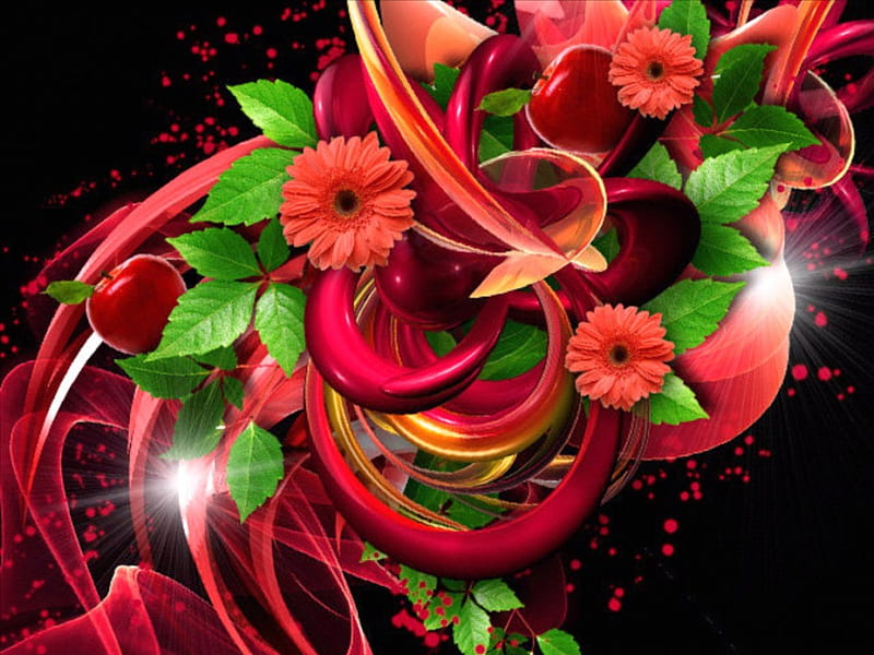 Wrapped Up In Red, red, colorful, leaves, green, fractal, bright, flowers, abstract, HD wallpaper