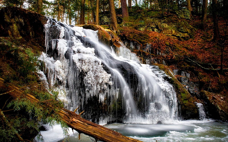 BEAUTIFUL FALLS, forest, Connecticut, Woodbury, waterfall, ice, Nonnewaug Falls, winter, HD wallpaper