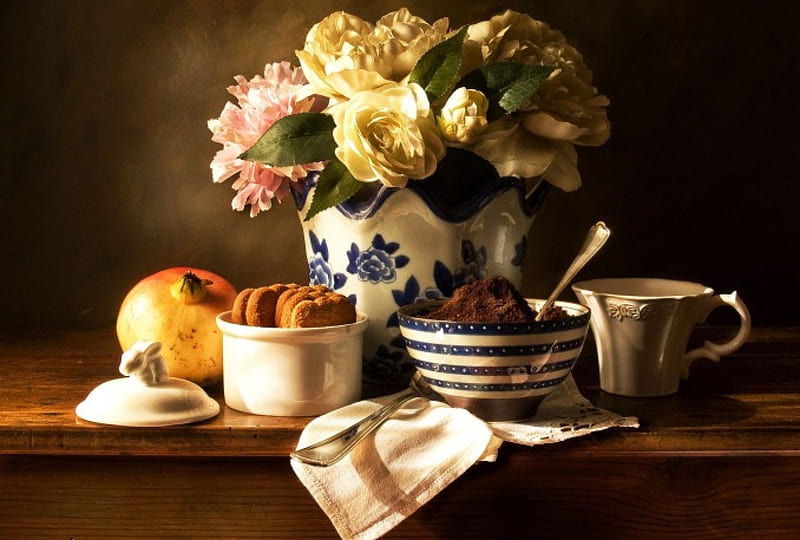 Still Life, pomegranate, bouquet, flowers, cakes, tea, HD wallpaper