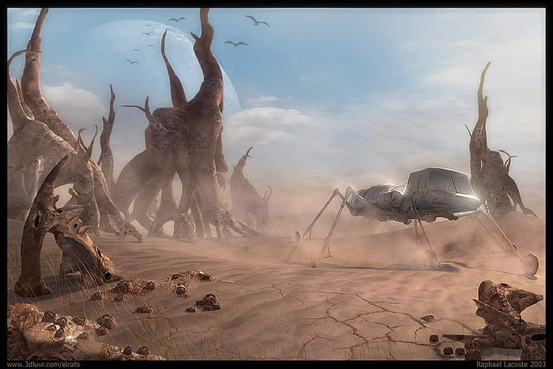 Desert Spider, desert, trees, spider, sky, tree, fantasy, cool, planet, future, HD wallpaper