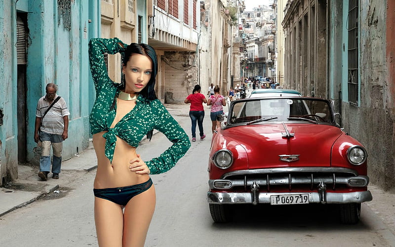Angelina Petrova in Cuba, brunette, swimsuit, model, car, HD wallpaper