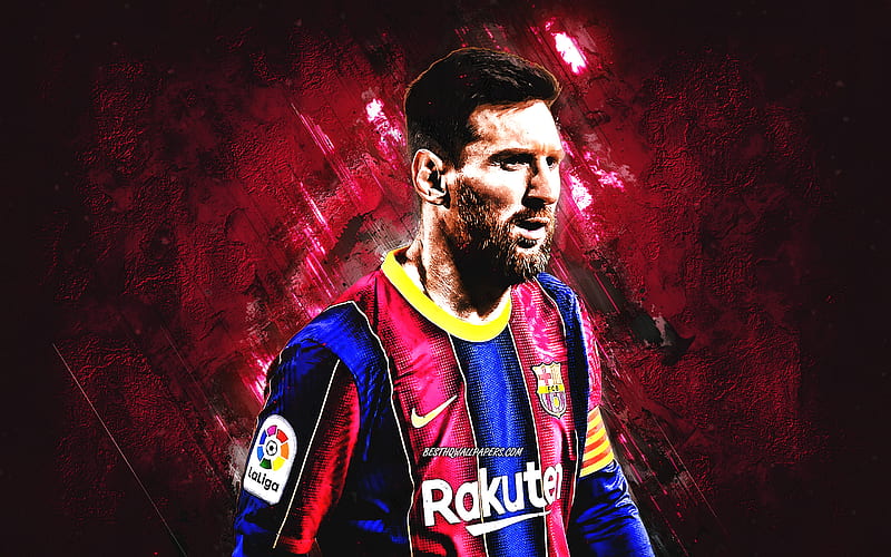 Lionel Messi, portrait, FC Barcelona, Leo Messi, burgundy stone background, Messi art, Argentine footballer, Spain, football, HD wallpaper
