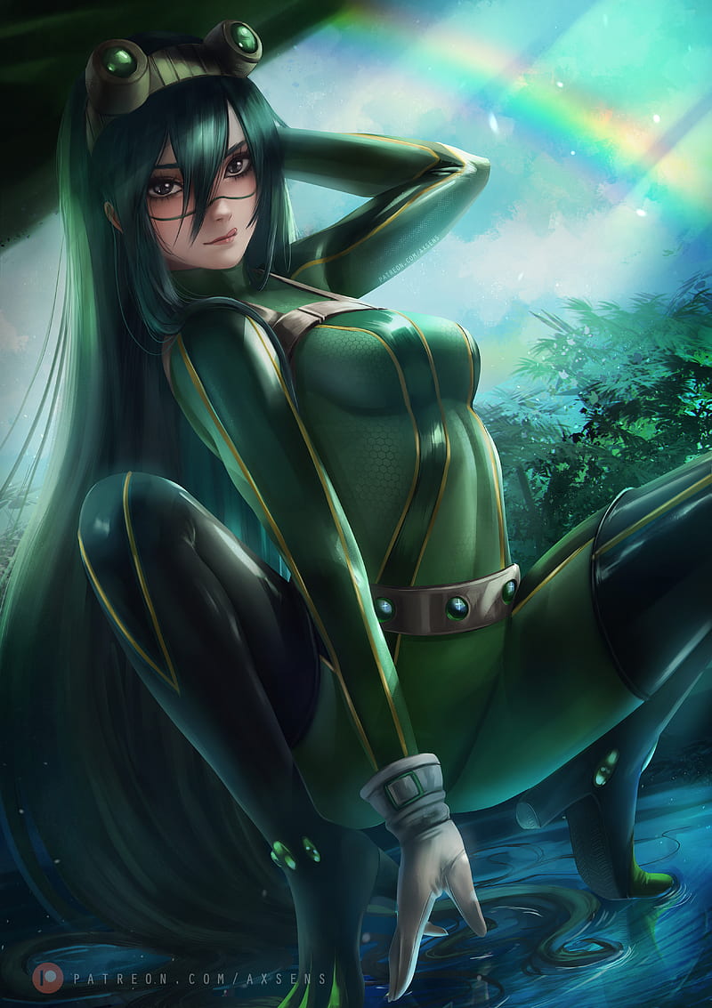 anime, anime girls, illustration, fan art, digital art, axsens, fantasy girl, Boku no Hero Academia, Tsuyu Asui, long hair, green hair, backlighting, portrait display, green clothing, gloves, tongue out, looking at viewer, HD phone wallpaper