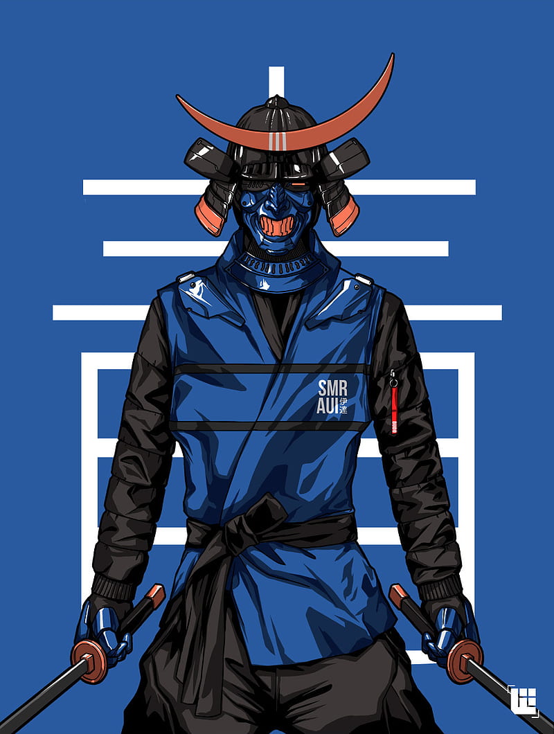 Blue Samurai, background, black, coat, man, masked, sword, HD phone wallpaper