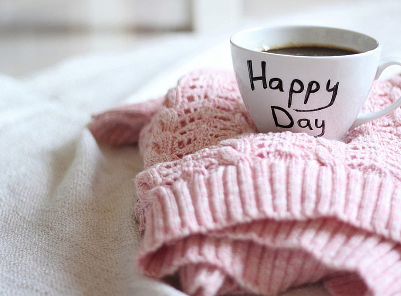Happy day, coffee, day, cup, morning, tea, pink, HD wallpaper