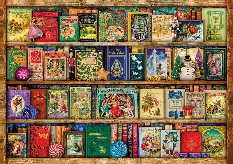 Christmas books, colorful, fantasy, craciun, christmas, book, shelf, shelves, aimee stewart, HD wallpaper