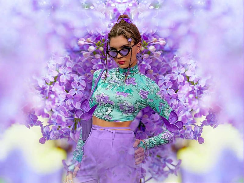 Crop Top Lilac, colorful, vibrant, girl, smarty pants, mint, butterflies, purple, vivid, pants, yellow, bright, bold, flowers, lilac, HD wallpaper