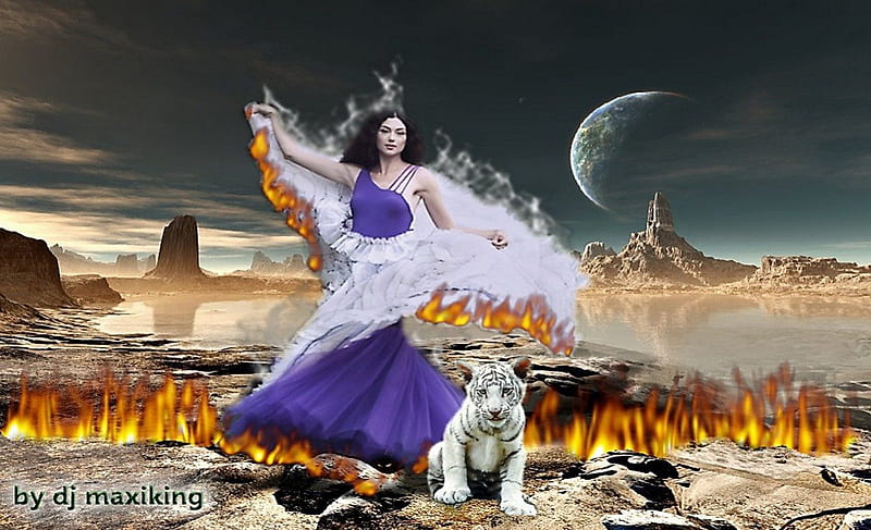 Burning Dance, fire, dance, tiger, woman, HD wallpaper