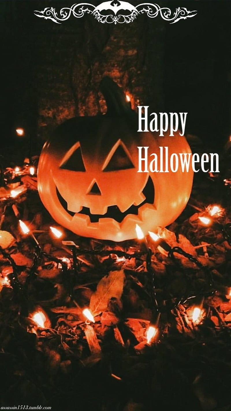 Happy Halloween, candy, fall, holiday, lights, pumpkin, quotes, theme, trick or treat, HD phone wallpaper