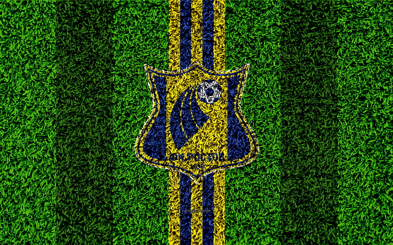 FC Rostov logo, grass texture, Russian football club, blue yellow lines, football lawn, Russian Premier League, Rostov-on-Don, Russia, football, HD wallpaper