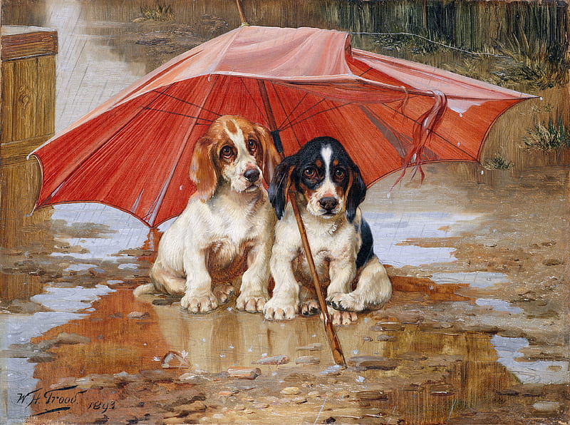 Rainy Day, umbrella, painting, puppies, dogs, rain, HD wallpaper