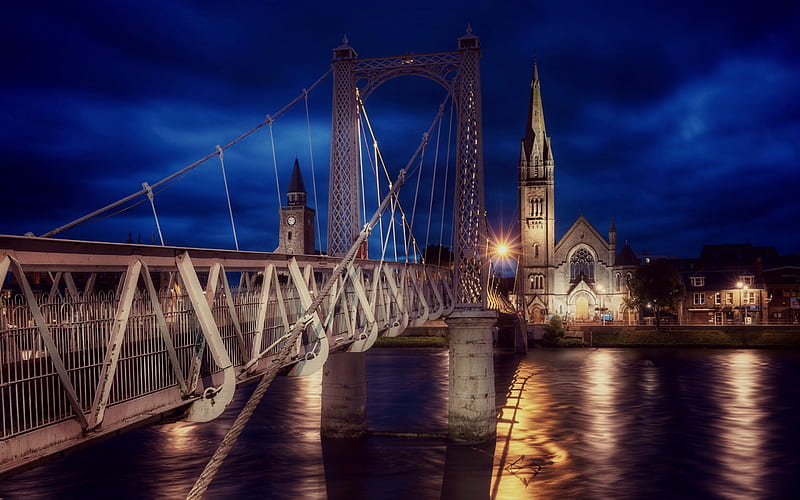 Greig Street Bridge, Inverness, footbridge, River Ness, beautiful bridge, old chapel, evening, sunset, North Church of Scotland, city lights, Scotland, HD wallpaper