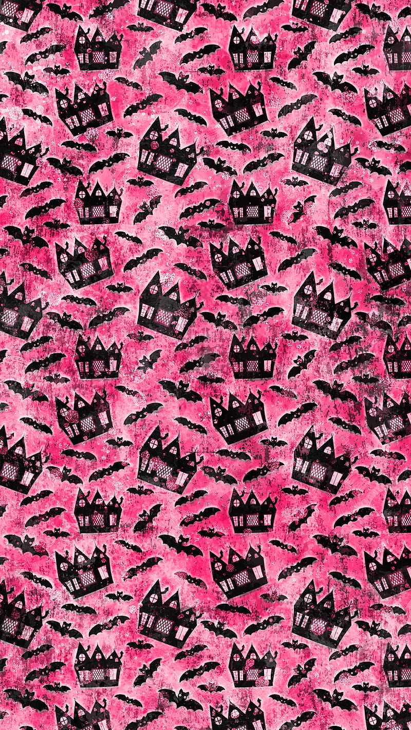 Haunted Houses on Pink, Adoxali, Halloween, October, autumn, background, bat, black, castle, color, creepy, day of the dead, evil, flying, fright, fun, horror, house, illustration, light, lit, mansion, night, party, pattern, poster, purple, scary, spooky, treat, trick, watercolor, HD phone wallpaper