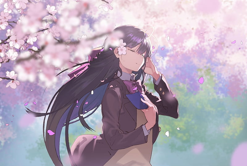 anime girl, sakura blossom, petals, long hair, Anime, HD wallpaper