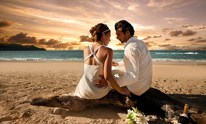 LOVE..., pretty, sunset, clouds, beach, nice, groom, love, flowers, drink, harmony, lovely, romance, rendezvous, ocean, man, sky, water, cool, champagne, bride, glasses, bonito, woman, sea, graphy, sand, at, couple, newlyweds, wedding, girl, bouquet, flower, the, lady, HD wallpaper
