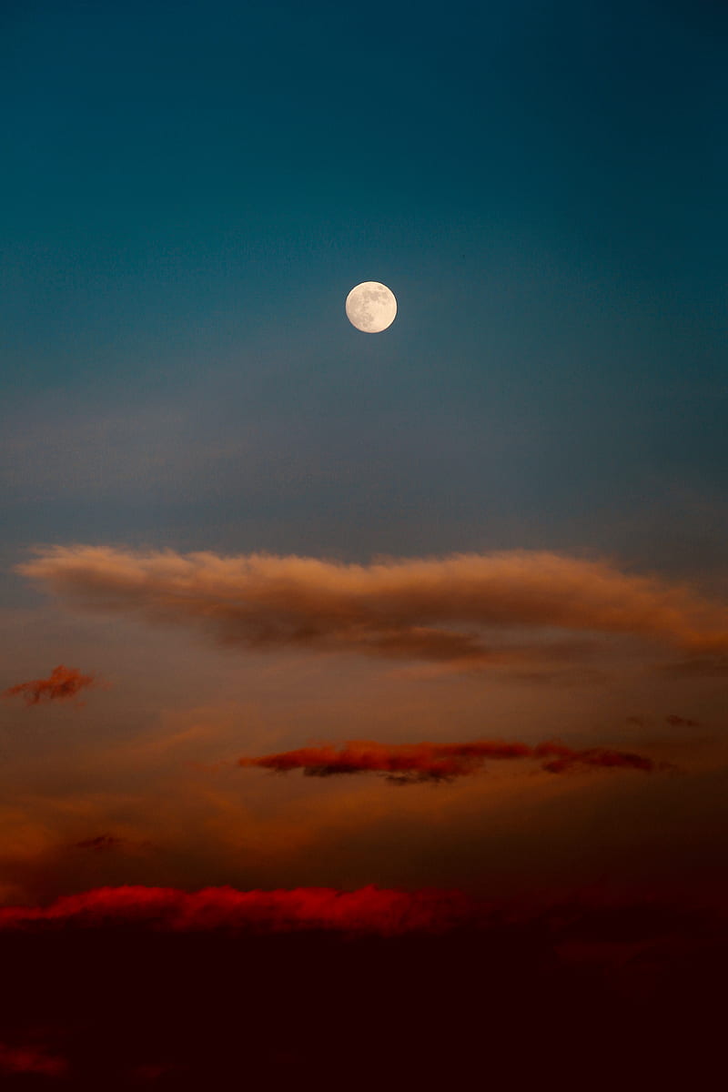 white, red, and blue sky with clouds and moon painting, HD phone wallpaper