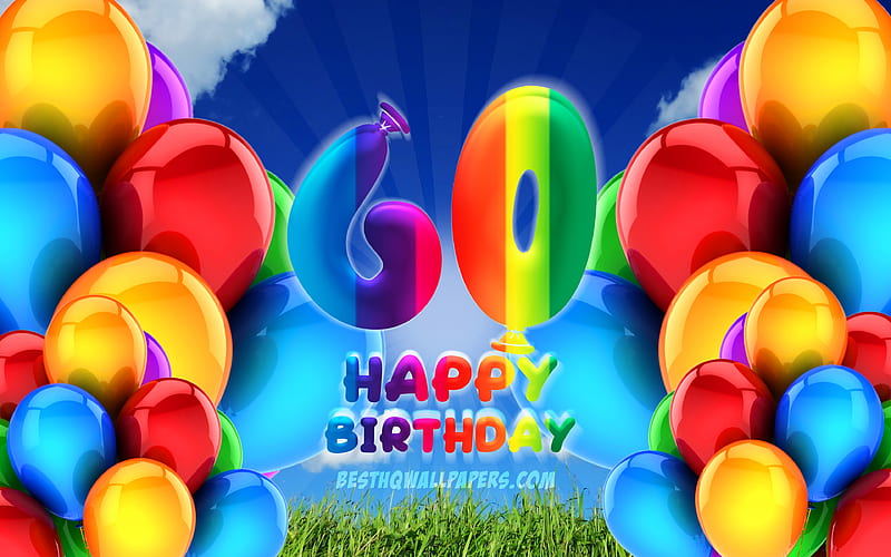 Happy 60 Years Birtay, cloudy sky background, Birtay Party, colorful ballons, Happy 60th birtay, artwork, 60th Birtay, Birtay concept, 60th Birtay Party, HD wallpaper