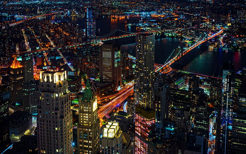 Manhattan Bridge, Brooklyn Bridge Manhattan, panorama, american cities, nightscapes, NYC, New York at night, skyscrapers, New York, USA, Cities of New York, America, HD wallpaper