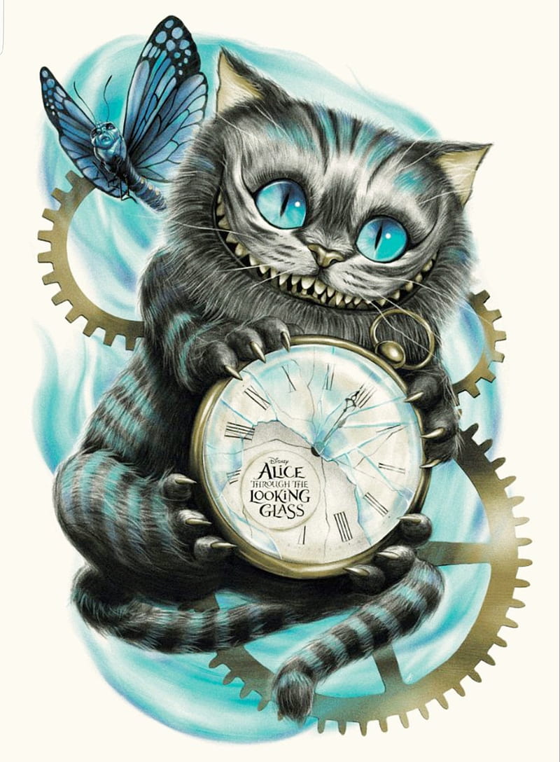 Time with Cheshire , clock, looking glass, cheshire cat, blue, gris, HD phone wallpaper