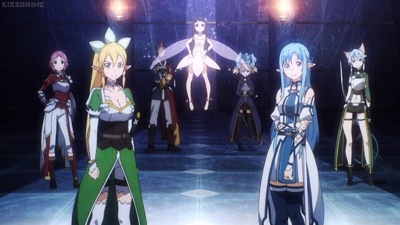 asuna, kirito, silica, lisbeth, pina, and 2 more (sword art online