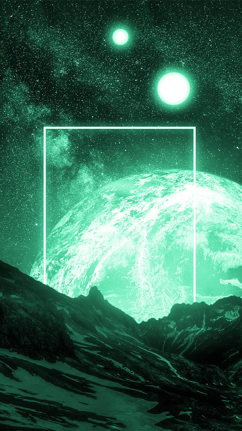 Earth View, abstract, amoled, green, moon, mountain, neon, oled, space, stars, HD phone wallpaper