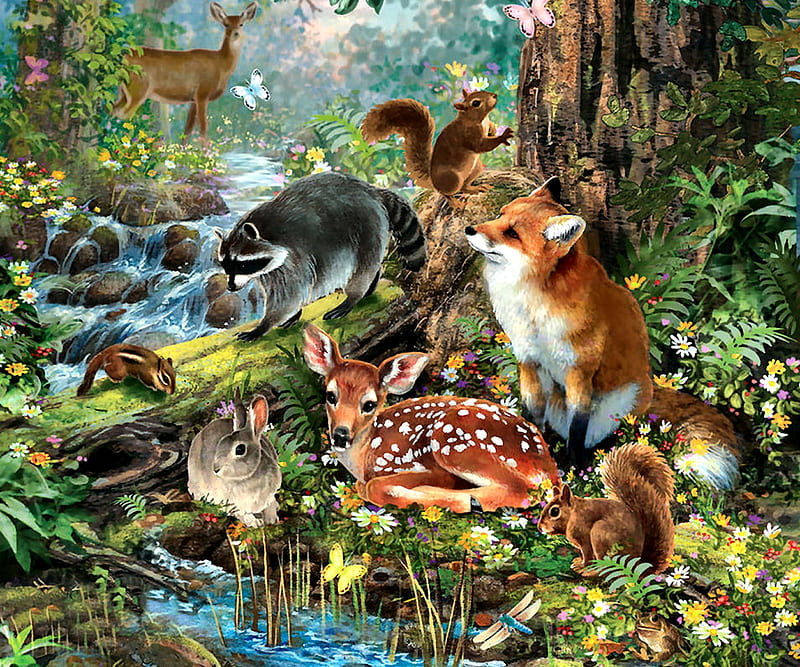 Out in the Forest FC, chipmunk, squirrel, bonito, illustration, artwork, deer, canine, animal, painting, wide screen, red fox, art, rabbit, raccoon, fox, wildlife, nature, HD wallpaper