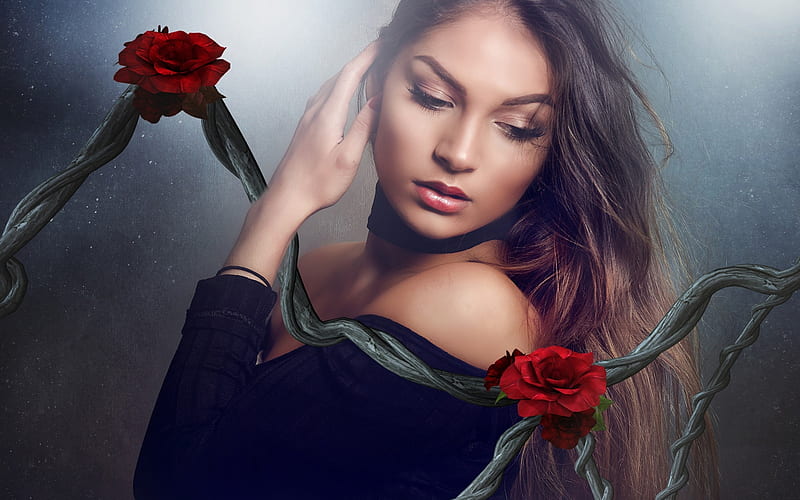 Beauty, red, girl, model, gothic, rose, flower, black, woman, HD wallpaper