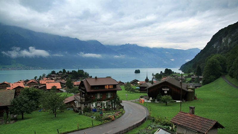 lovely swiss lakeside town, grass, town, clouds, overcast, lake, HD wallpaper