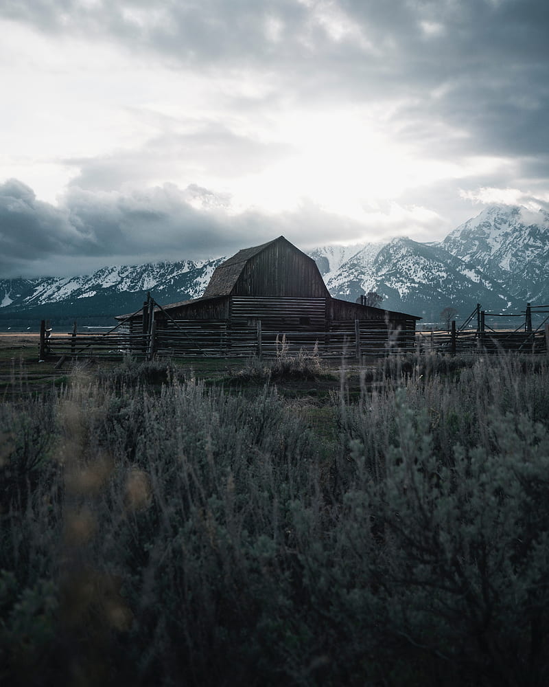 building, mountains, farm, wooden, old, HD phone wallpaper