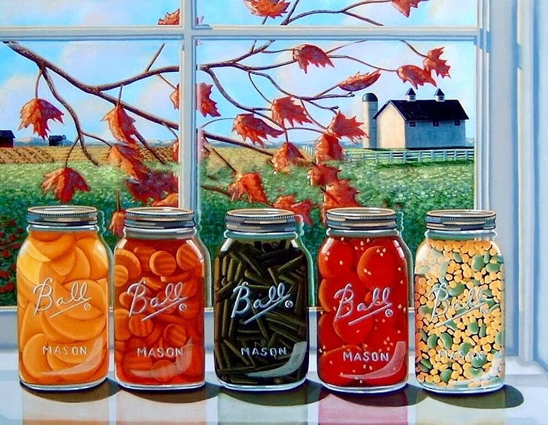 Canning The Harvest, autumn, harvest, window, food, cooking, Vegtables, leaves, Colors, Painting, jars, HD wallpaper