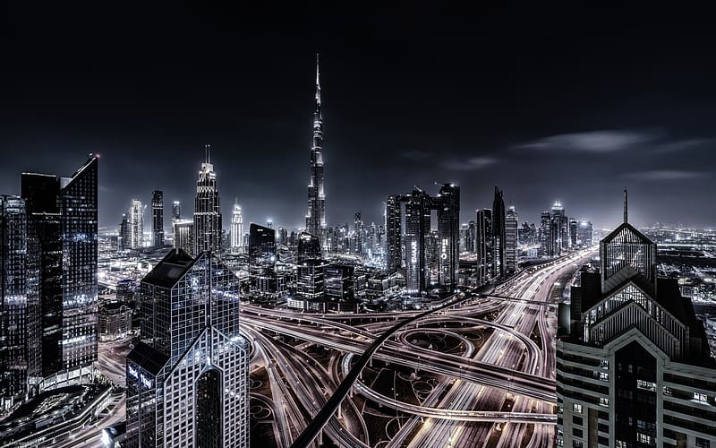 Cities, Night, City, Skyscraper, Building, Dubai, Cityscape, United Arab Emirates, Highway, HD wallpaper