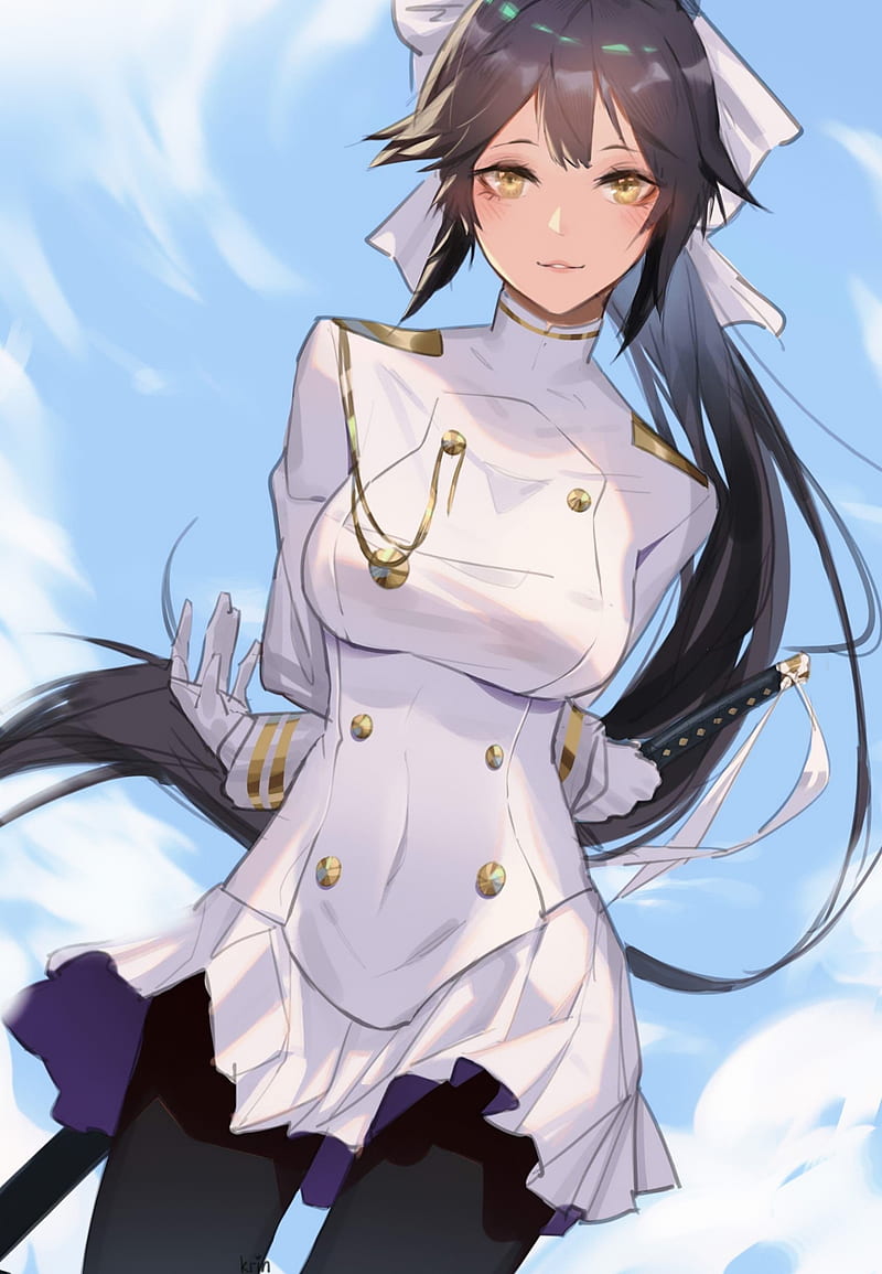 Takao (Azur Lane), Azur Lane, anime girls, women, black hair, long hair, ponytail, ribbon, looking at viewer, yellow eyes, blushing, uniform, Military Uniform, pantyhose, fan art, artwork, drawing, 2D, illustration, digital art, sky, gloves, white gloves, katana, weapon, white clothing, clouds, clear sky, portrait display, anime, Krin, HD phone wallpaper