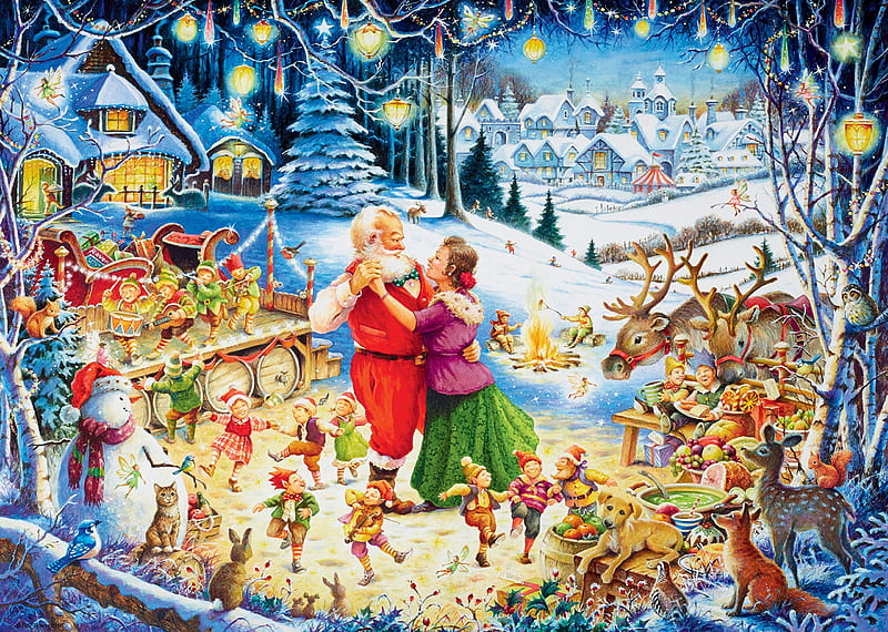 A Christmas dance, red, art, luminos, craciun, christmas, elf, winter, santa, fantasy, painting, pictura, couple, blue, HD wallpaper