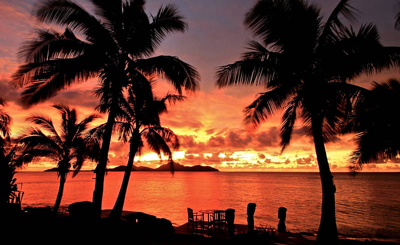 Fiji Sunset over Ocean, polynesia, sun, orange, palm, sunset, sea, beach, lagoon, sand, evening, polynesian, islands, ocean, pacific, trees, south, skies, water, island, down, fiji, HD wallpaper