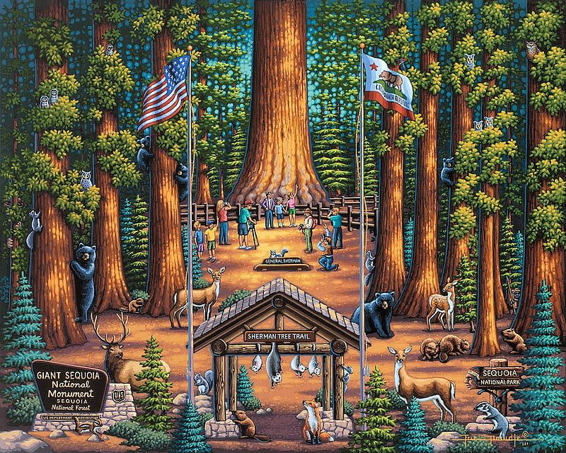 Sequoia National Park, forest, people, painting, trees, artwork, animals, entrance, HD wallpaper