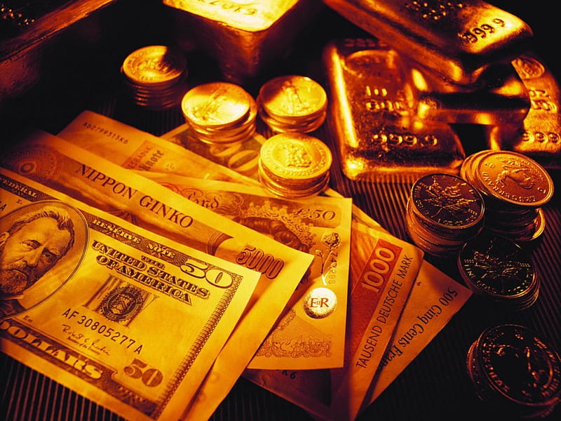More Gold, gold, bullion, money, notes, coins, HD wallpaper