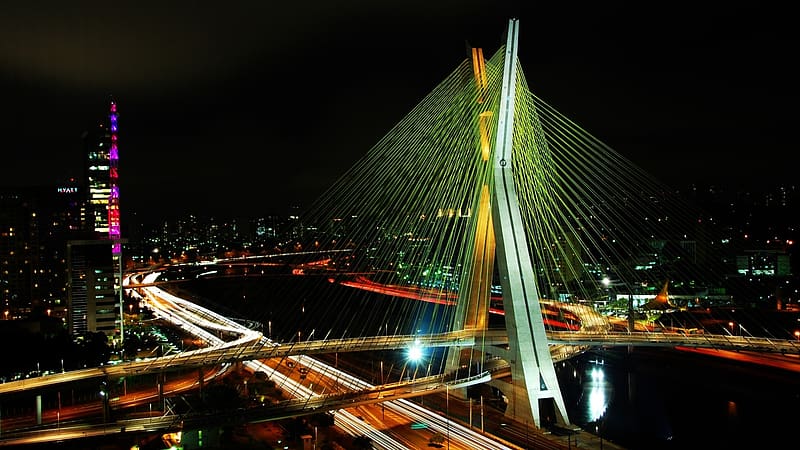 Cities, Night, City, Light, Bridge, Cityscape, Brazil, Highway, , Octávio Frias De Oliveira, São Paulo, HD wallpaper