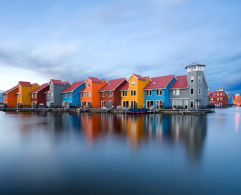Scandinavian view, colorful, water, view, houses, colors, reflection, scandinavia, HD wallpaper