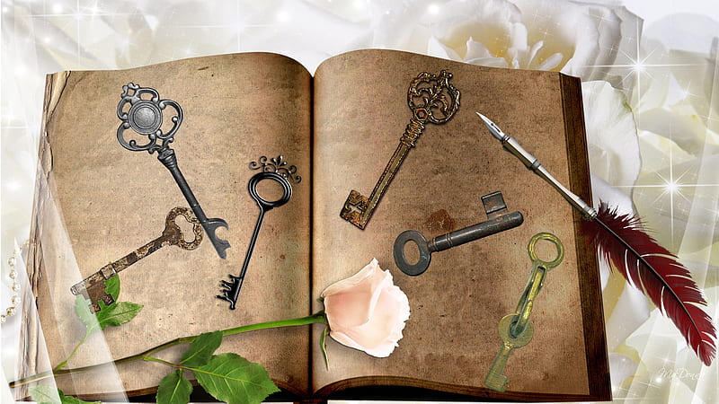 Book of Keys, antique keys, keys, book, secrets, quill, pink rose, feather, lock, vintage, HD wallpaper
