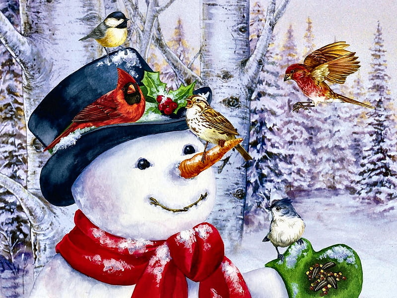 Happy Snowman F1, bonito, illustration, artwork, house finch, chickadee, painting, wide screen, carrot, sparrow, scenery, art, snowman, winter, titmouse, snow, four seasons, cardinal, landscape, HD wallpaper