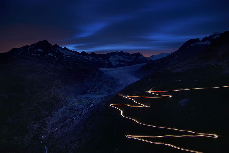 road, winding, mountains, night, dark, HD wallpaper